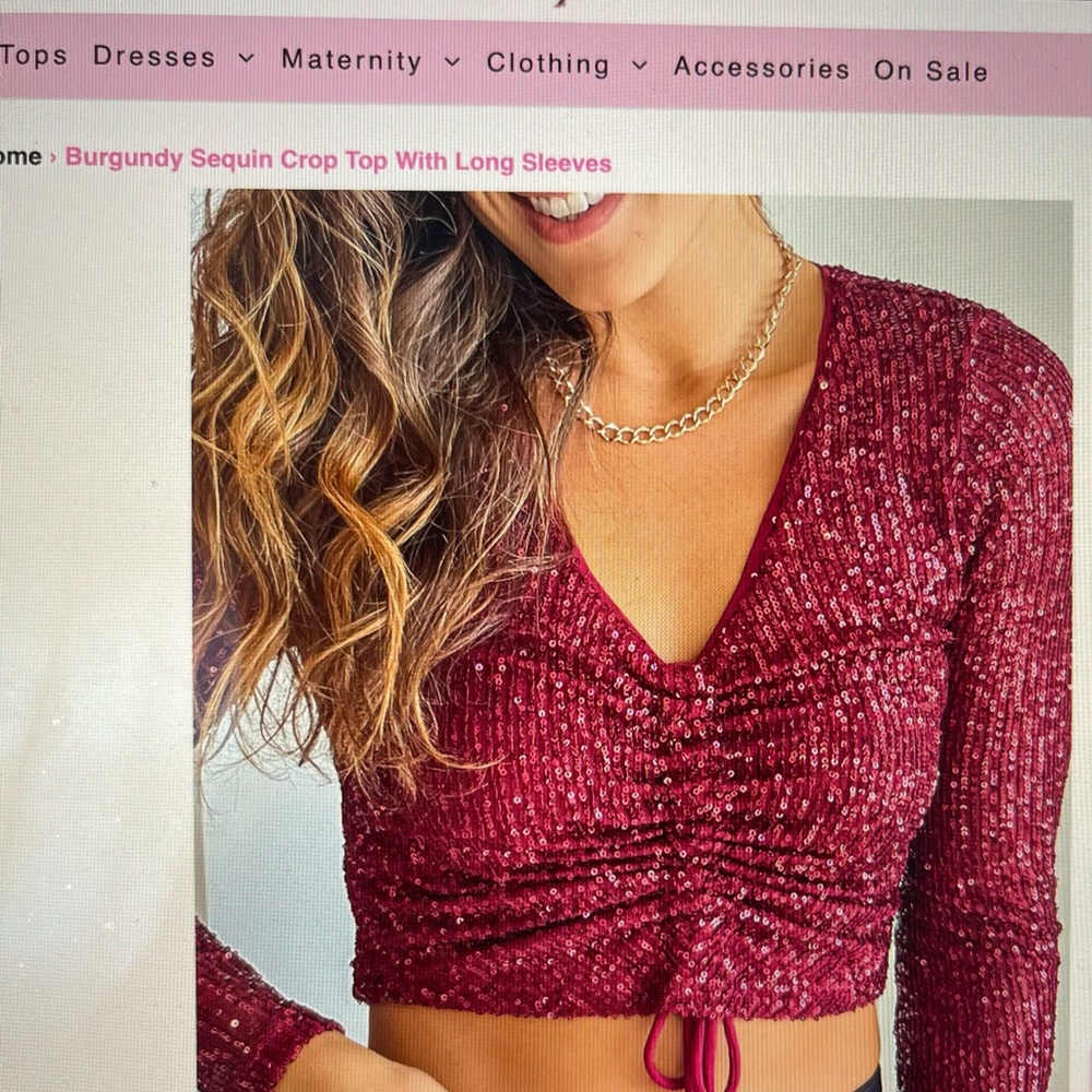 Burgundy sequin crop top with long sleeves